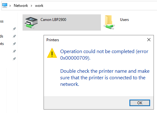 Instructions for fixing errors in network printing: Operation could not be completed (error 0x00000709)