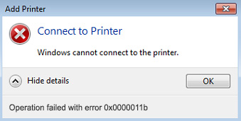 Windows cannot connect to the printer, Operation failed with error 0x0000011b