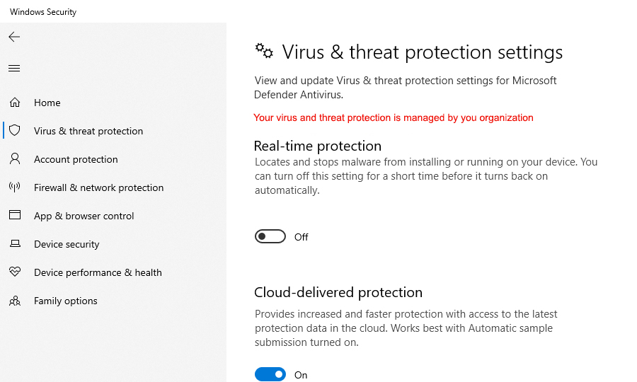 Your Virus threat protection is managed by your organization